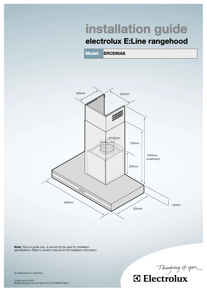Page 1 de la notice Guide d'installation Electrolux ERCE90AS