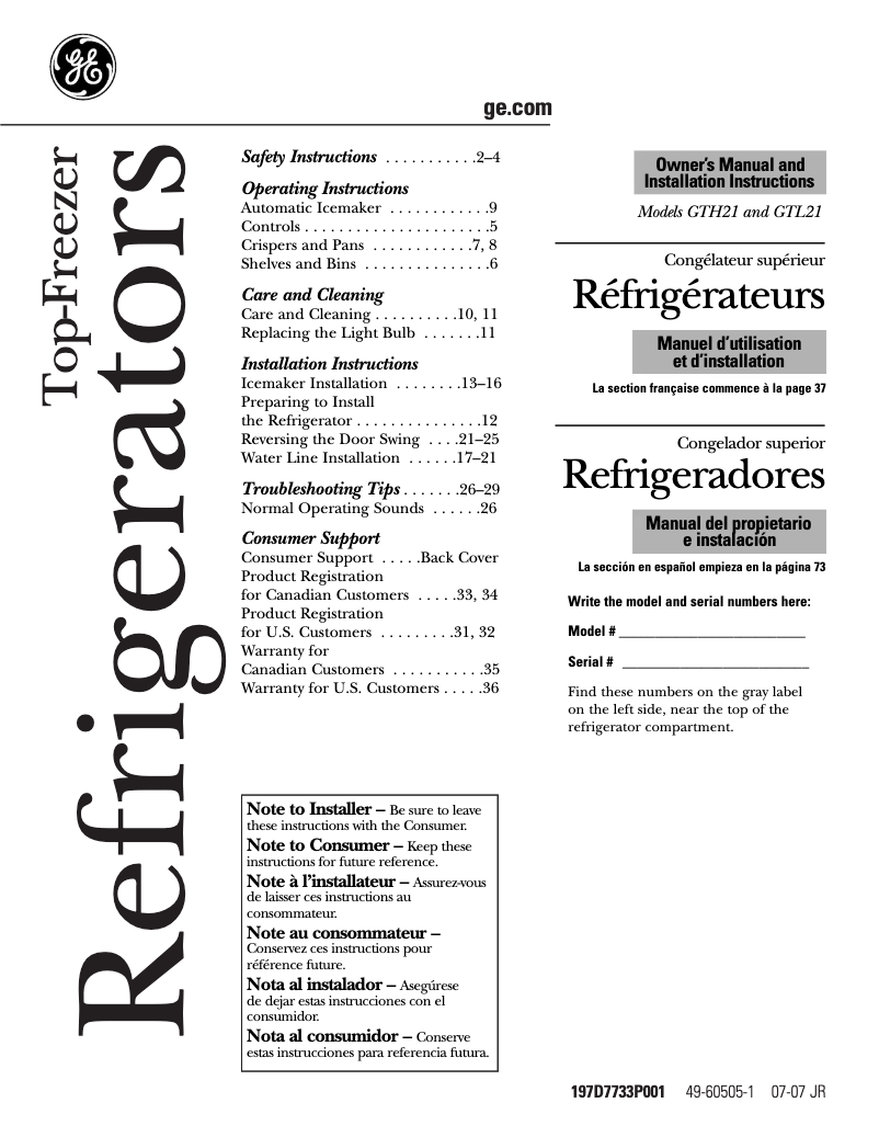 First page image of the manual for GTH21SCWSS