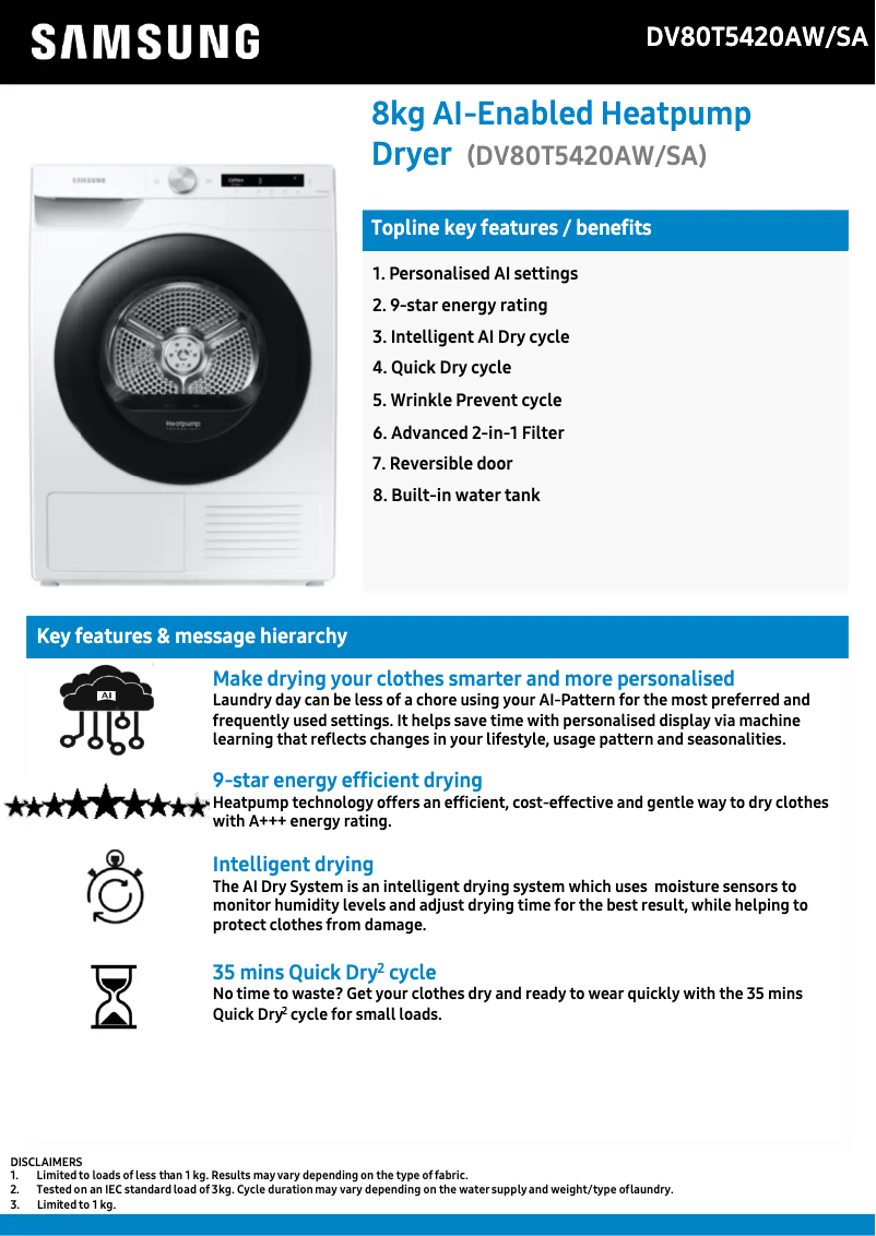 Página 1 del manual Ficha técnica Samsung DV80T5420AW