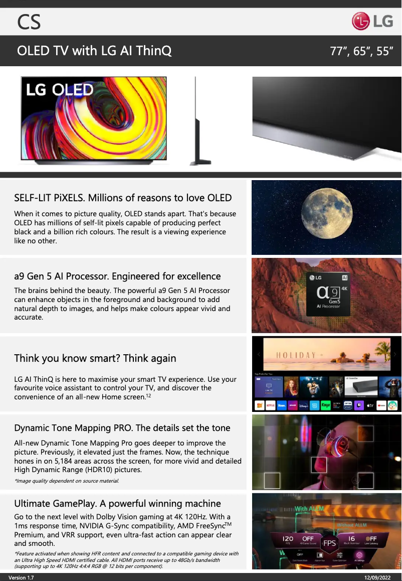 Page 1 de la notice Fiche technique LG OLED55CSPSA