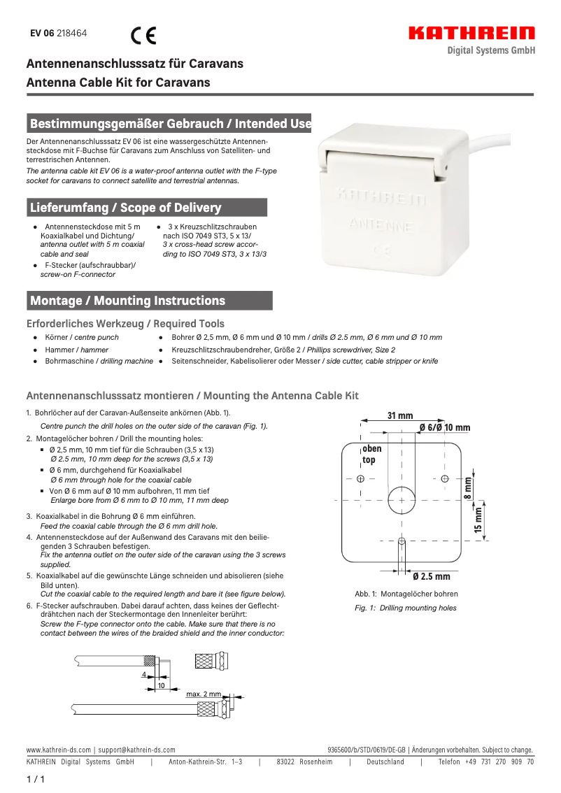 Page 1 de la notice Manuel utilisateur Kathrein EV 06