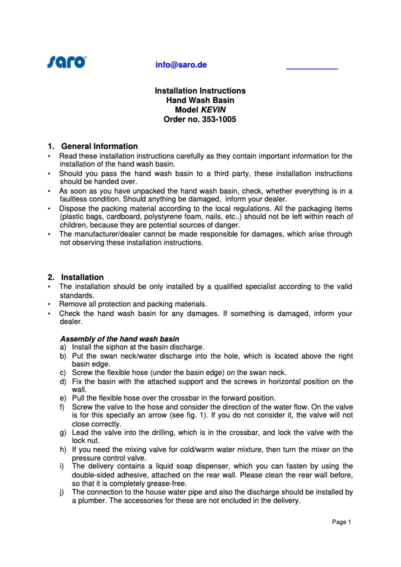 Page 1 de la notice Manuel utilisateur Saro KEVIN