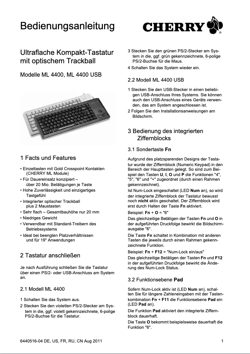 Page 1 de la notice Manuel utilisateur Cherry G84-4420