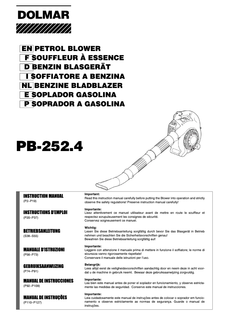 Page 1 de la notice Manuel utilisateur Dolmar PB252.4V