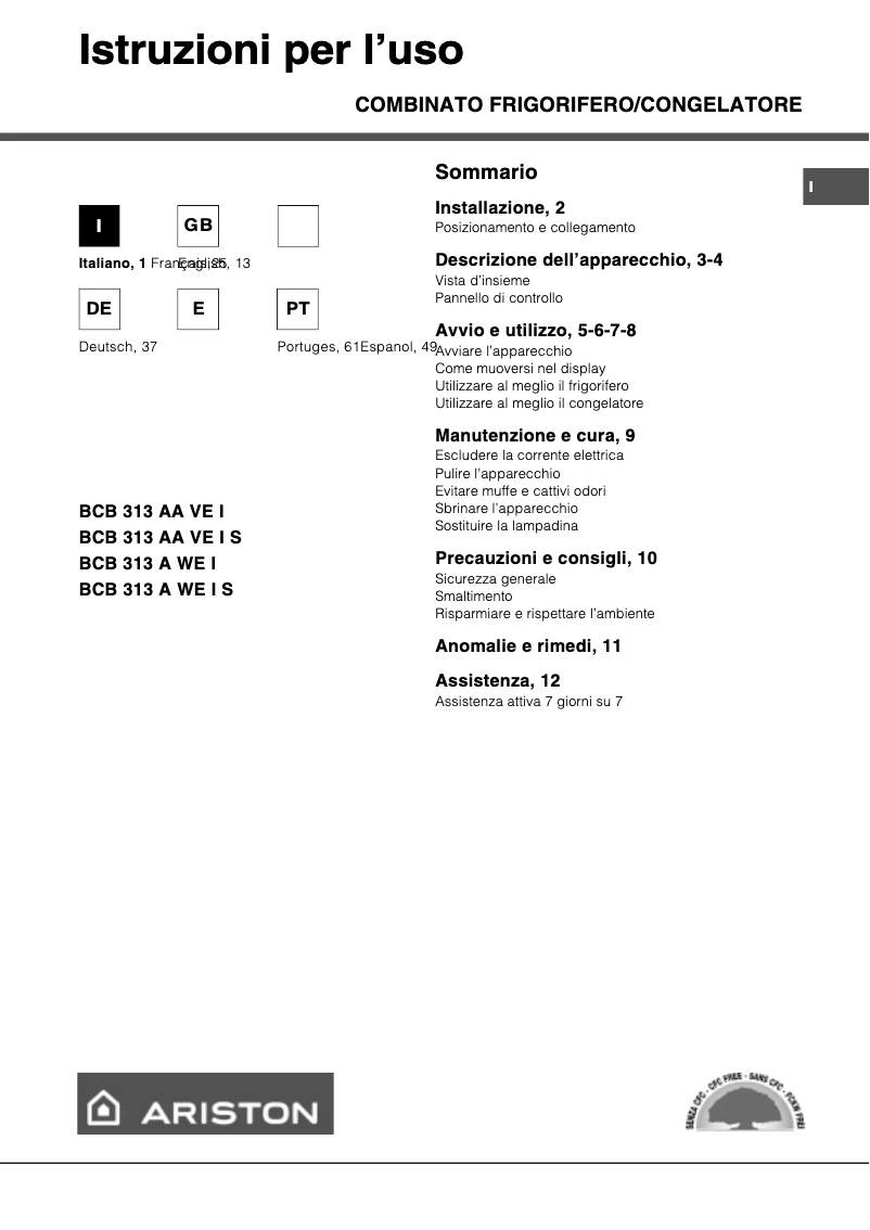 Page n°1 - Manuel utilisateur Ariston Thermo BCB 313 AA VE I