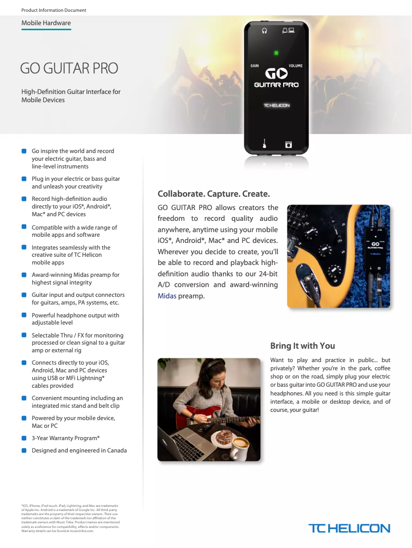 Page 1 of the manual Technical Sheet TC Helicon GO Guitar Pro