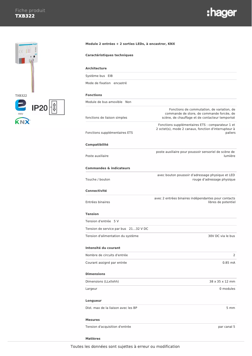 Página 1 del manual Ficha técnica Hager TXB322