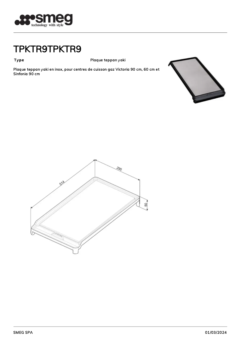 Page 1 de la notice Fiche technique Smeg TPKTR9