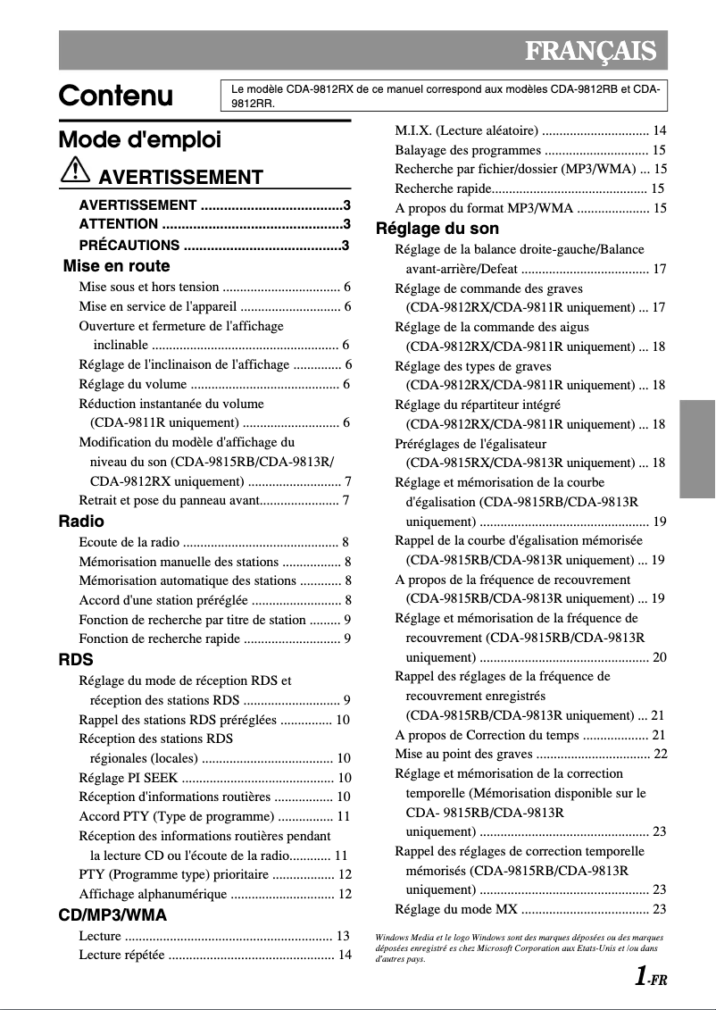 Image de la première page du manuel de l'appareil CDA-9812RR