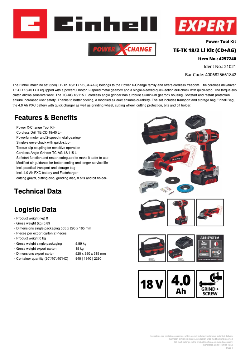 Page n°1 - Fiche technique Einhell TE-TK 18/2 Li