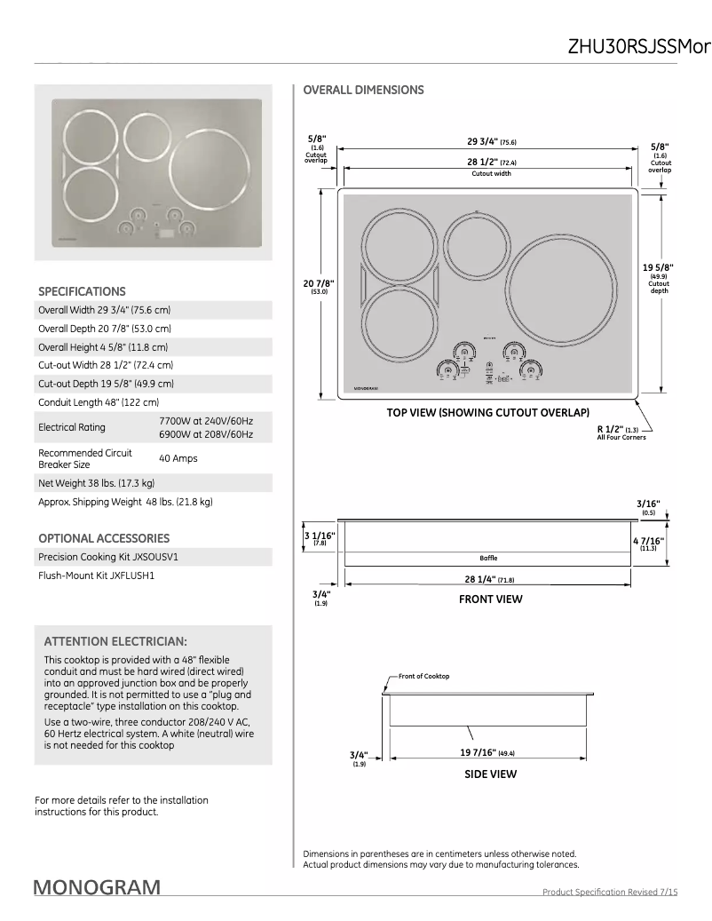 Page 1 de la notice Fiche technique Monogram ZHU30RSJSS