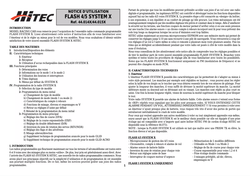 Page 1 de la notice Manuel utilisateur Hitec Flash 4.5