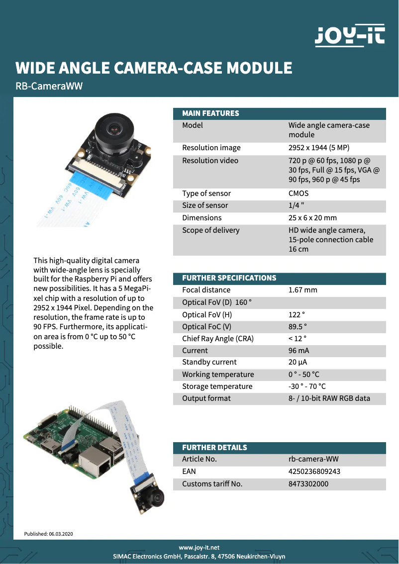 Página 1 del manual Ficha técnica Joy-It rb-camera-ww