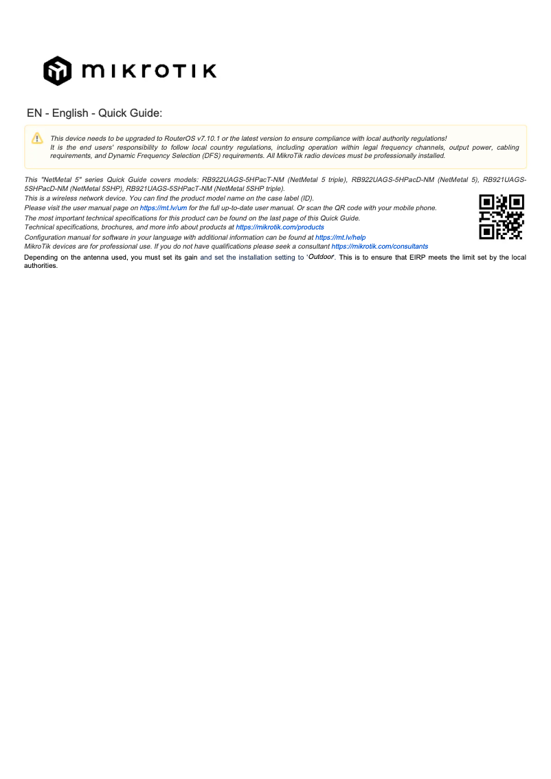 Page n°1 - Manuel utilisateur Mikrotik NetMetal 5