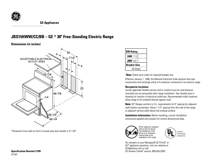 Page n°1 - Fiche technique GE JBS15HCC