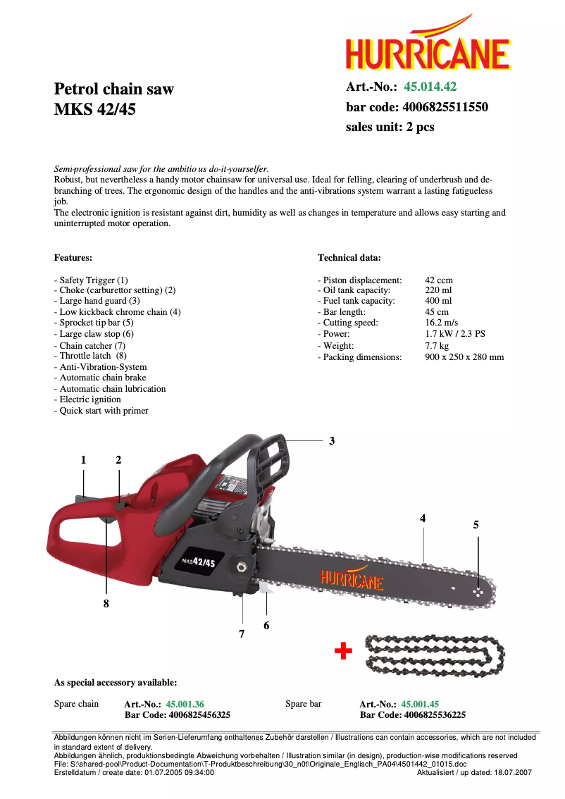 Page 1 de la notice Fiche technique Hurricane MKS 42/45