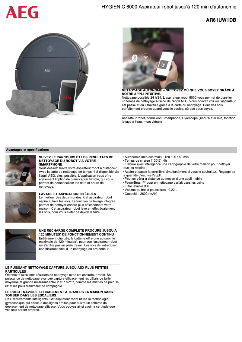 Page 1 de la notice Fiche technique AEG Hygienic 6000 AR61UW1DB
