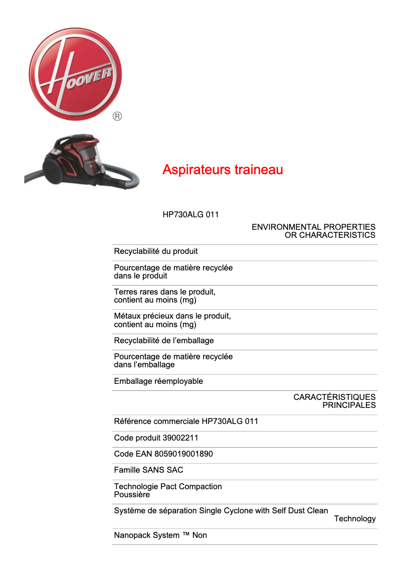 Page 1 de la notice Fiche technique Hoover H-POWER 700