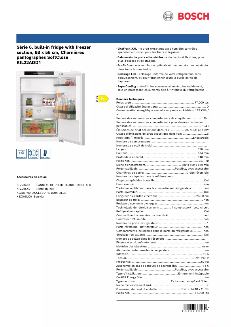 Página 1 del manual Ficha técnica Bosch KIL22ADD1