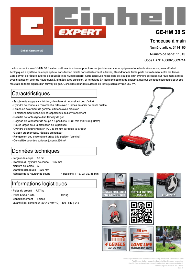 Page n°1 - Fiche technique Einhell GE-HM 38 S