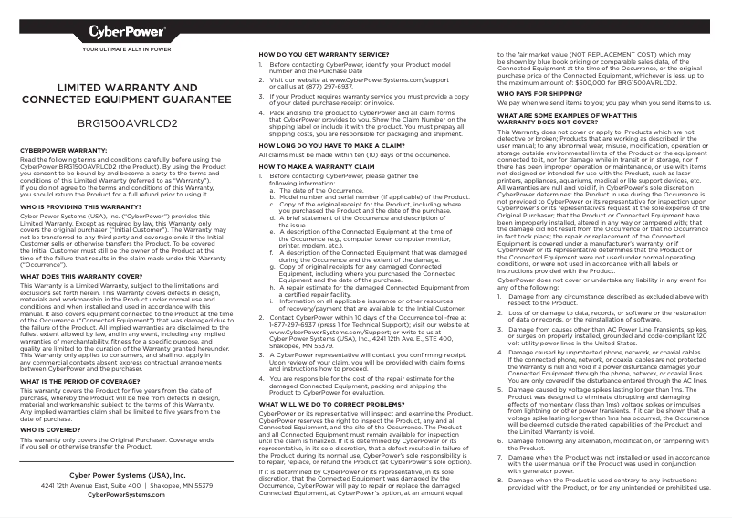 Page 1 de la notice Informations de garantie CyberPower BRG1500AVRLCD2