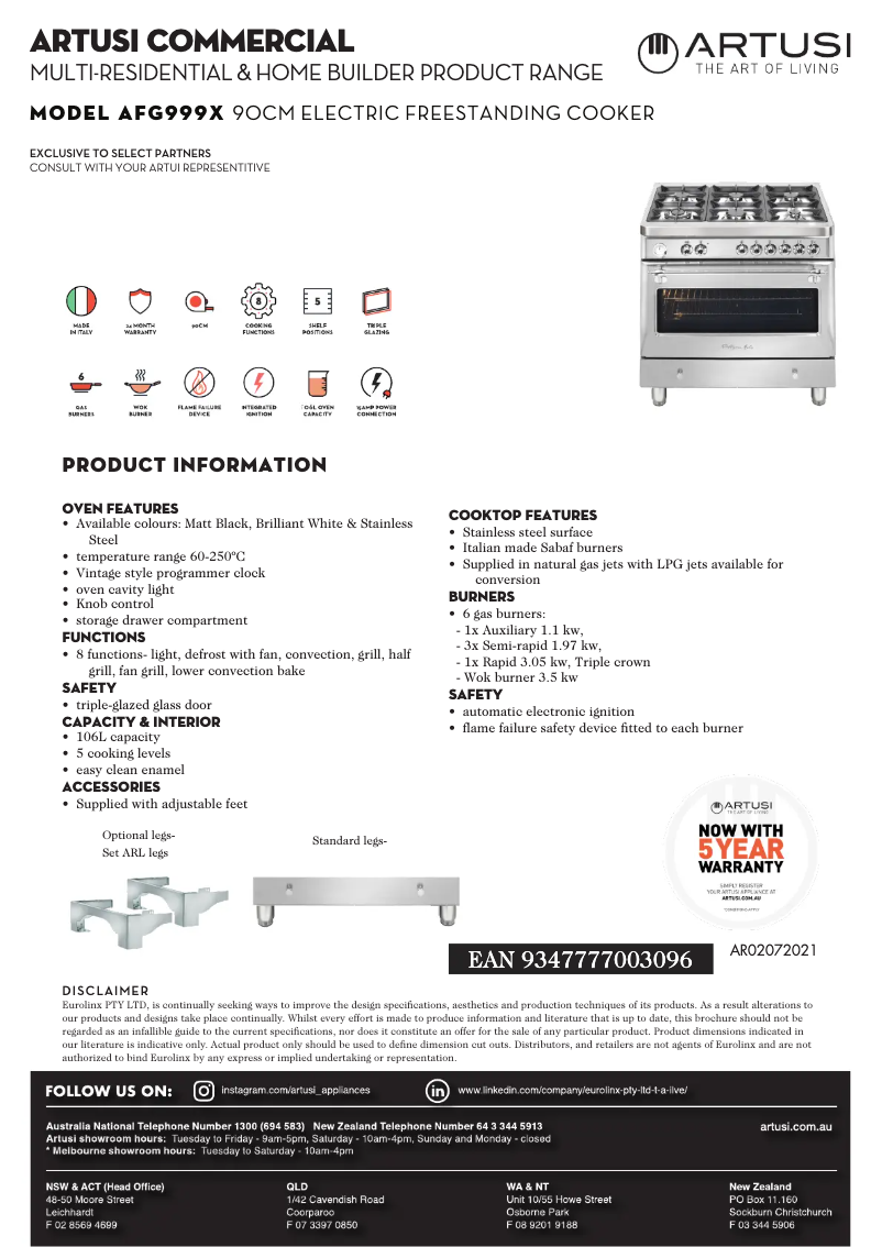 Page n°1 - Fiche technique Artusi AFG999X