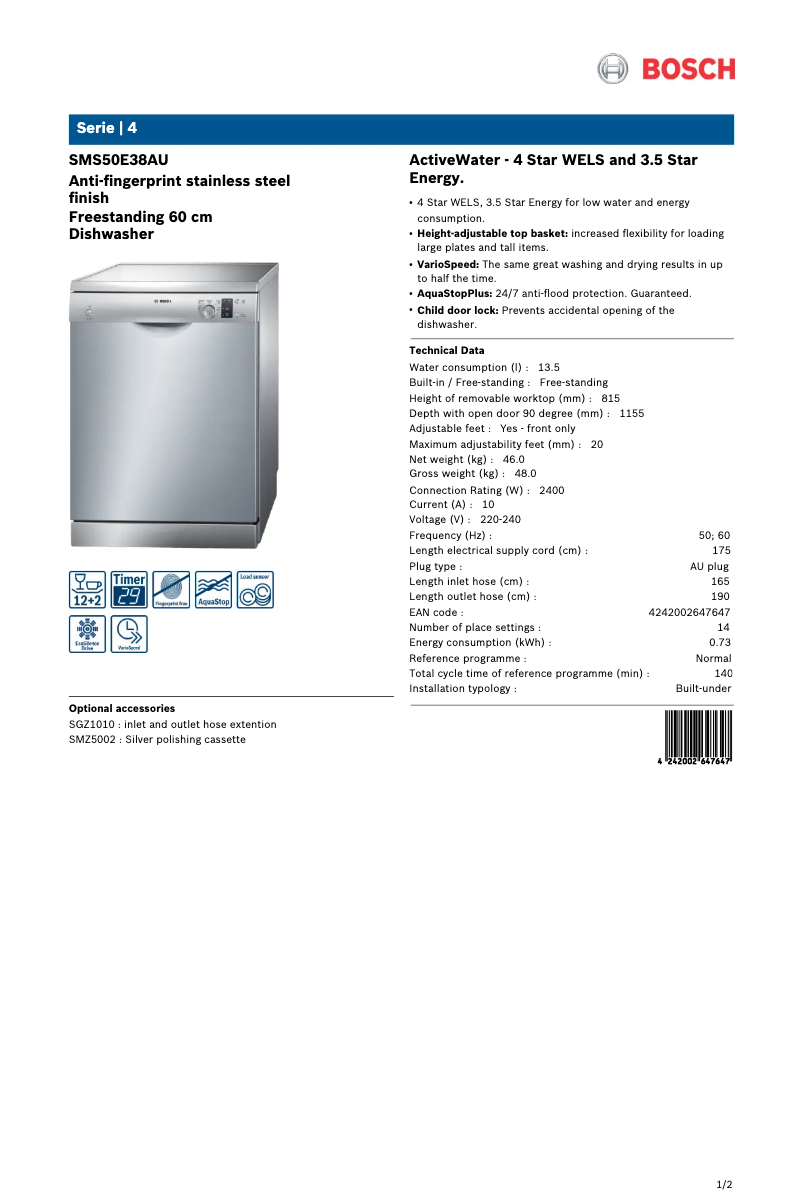 Página 1 del manual Ficha técnica Bosch SMS50E38AU