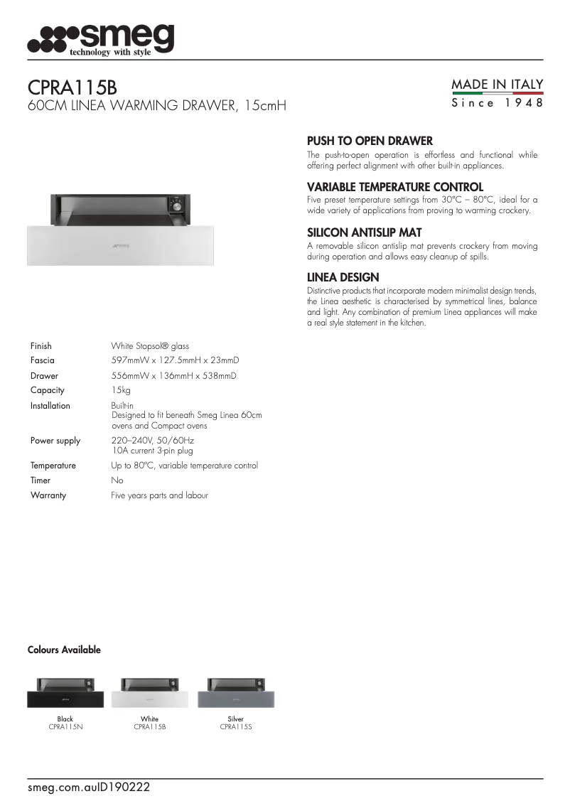 Page n°1 - Fiche technique Smeg CPRA115B