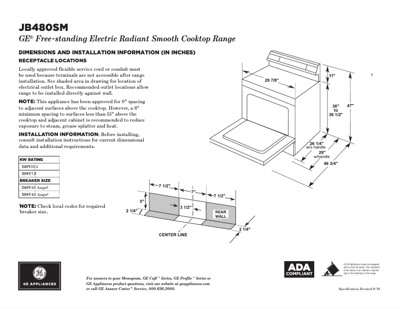 Página 1 del manual Ficha técnica GE JB480SMSS