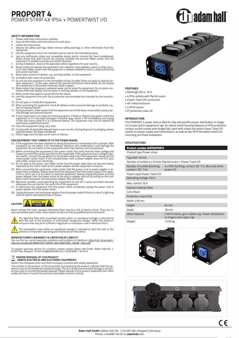 Page 1 de la notice Fiche technique Adam Hall AHPROPORT4