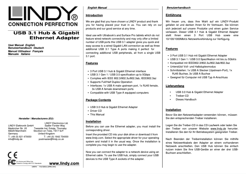 Page 1 de la notice Manuel utilisateur Lindy 43176