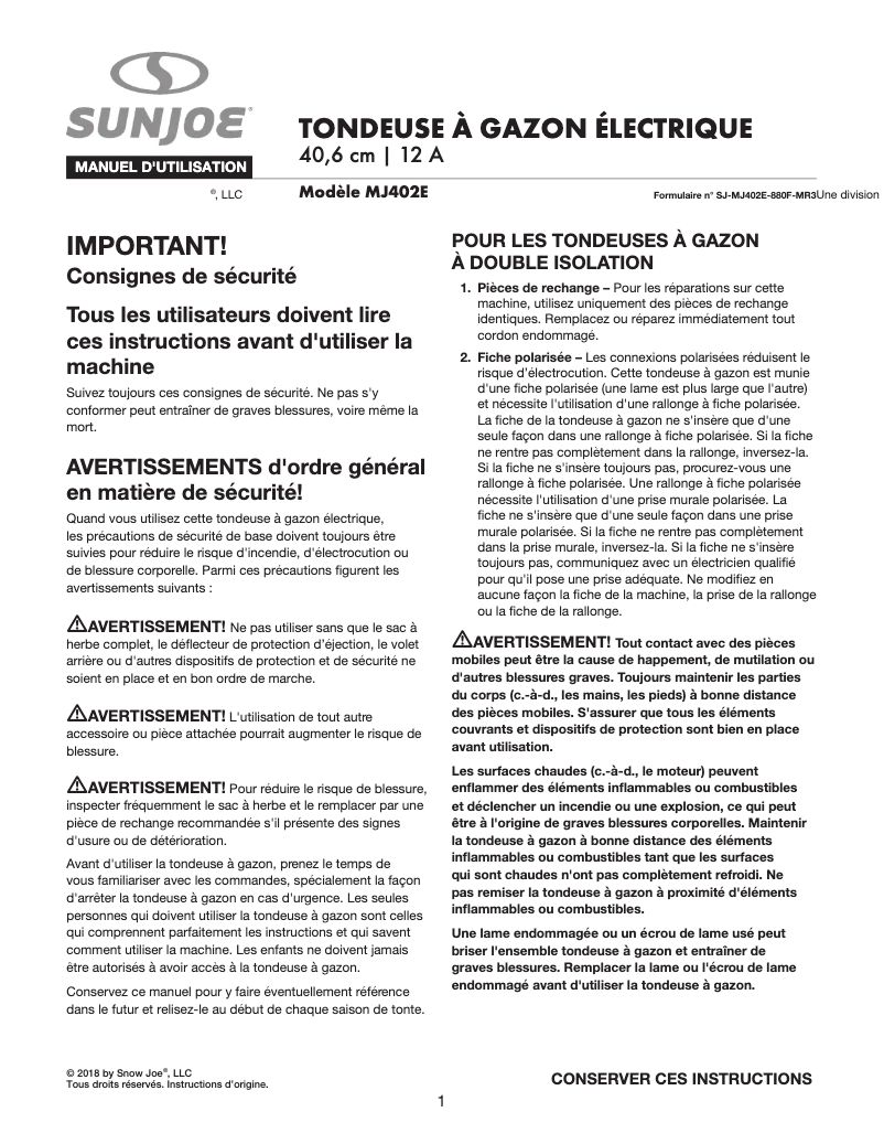 Page 1 de la notice Manuel utilisateur Sun Joe MJ402E