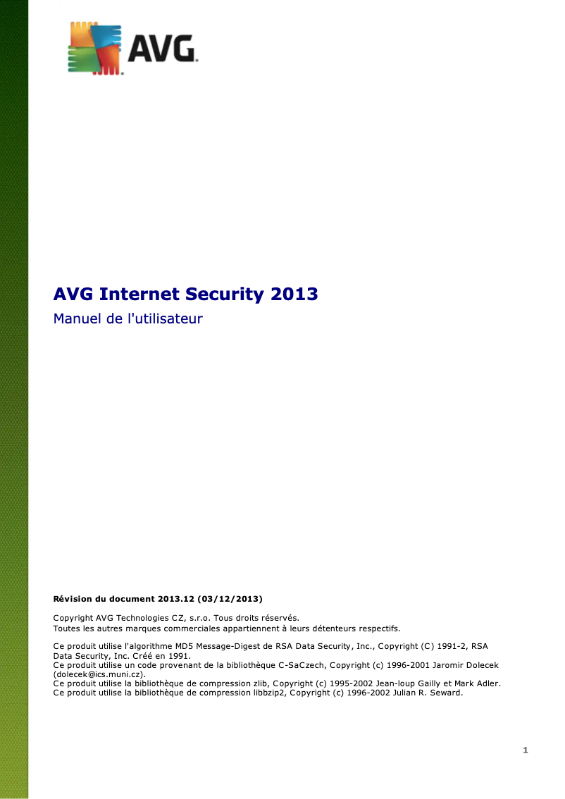Page 1 de la notice Manuel utilisateur AVG Internet Security (2013)