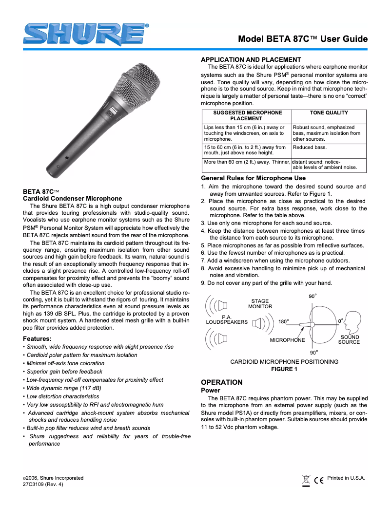 Page n°1 - Manuel utilisateur Shure BETA 87C