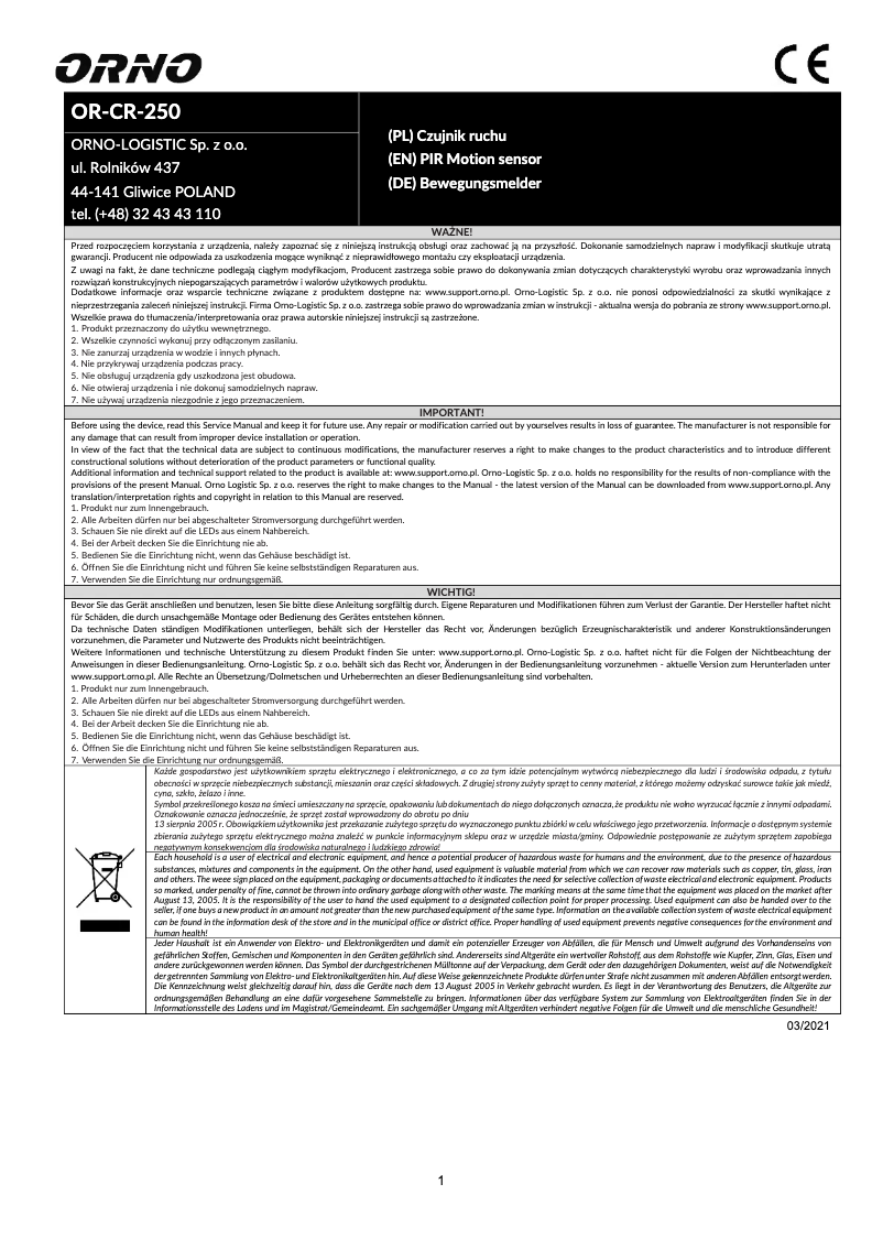 Imagen de la primera página del manual del dispositivo OR-CR-250