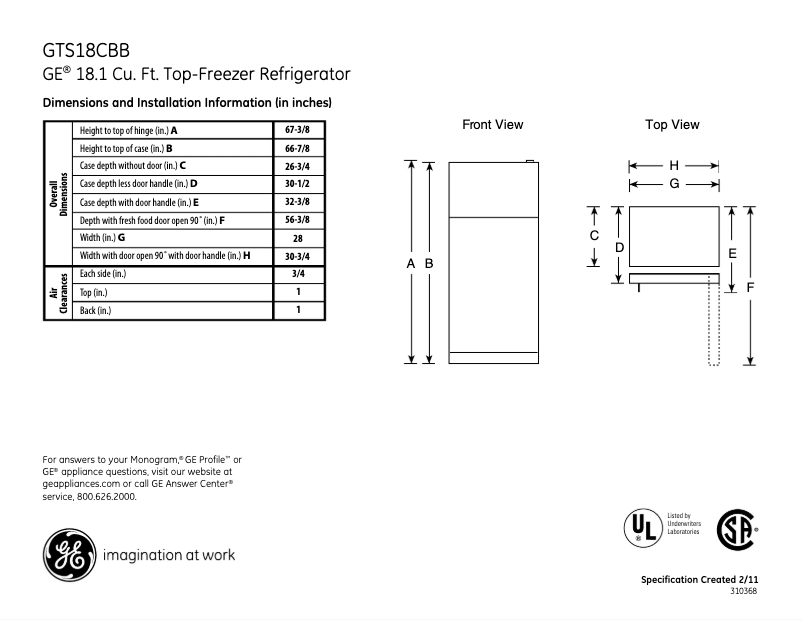 Page 1 de la notice Fiche technique GE GTS18CBBBB