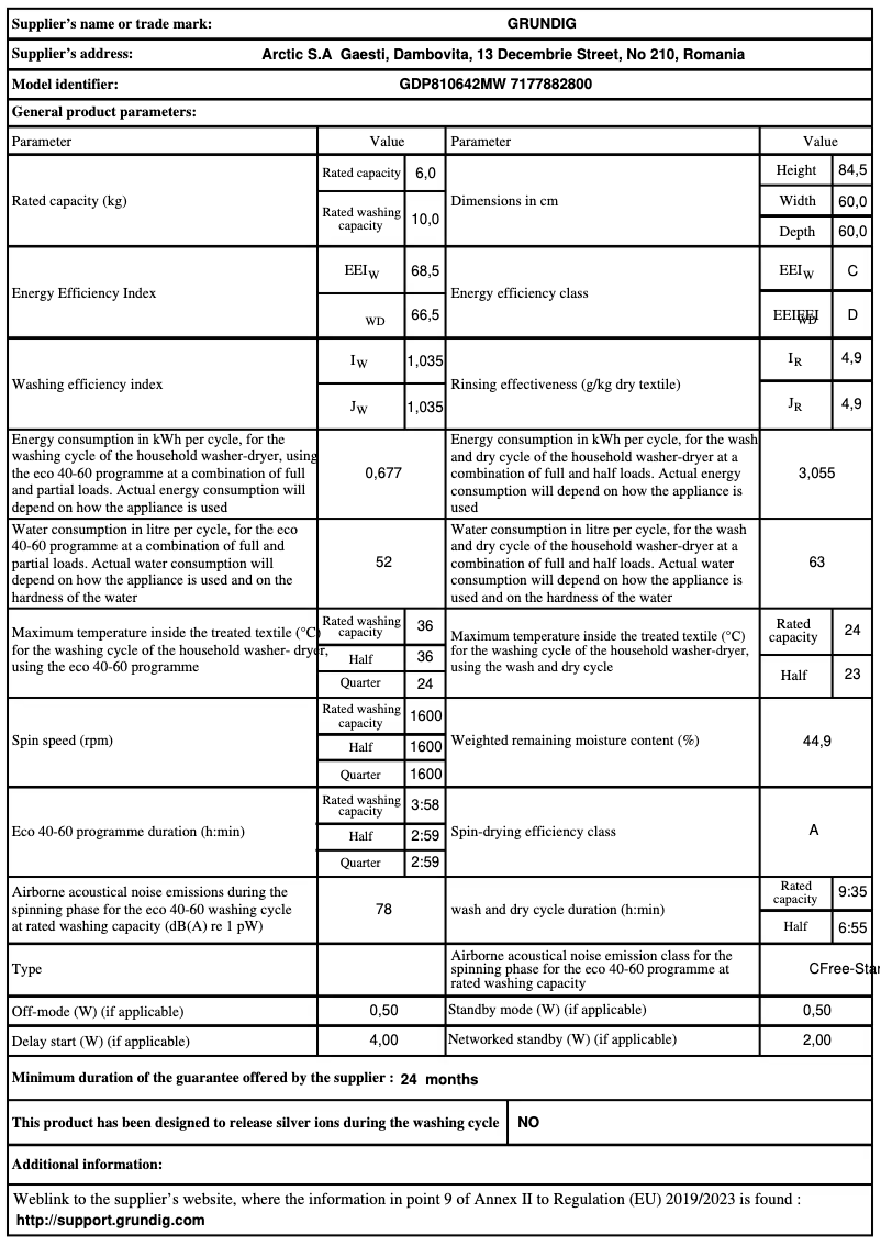 Page 1 de la notice Fiche technique Grundig GDP 810642 MW