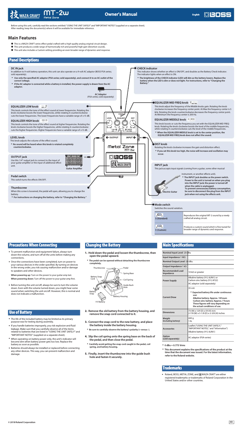 Image de la première page du manuel de l'appareil Metal Zone MT-2W