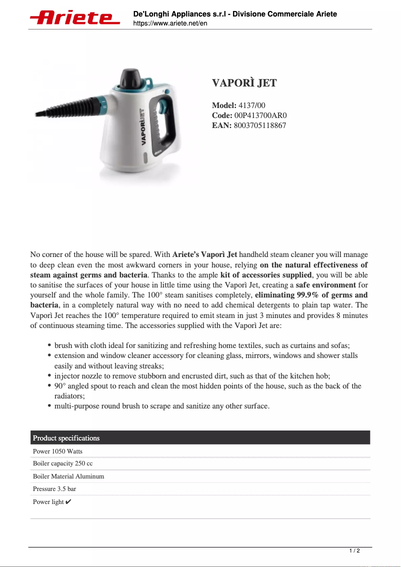 Page 1 de la notice Fiche technique Ariete Vaporì Jet 4137