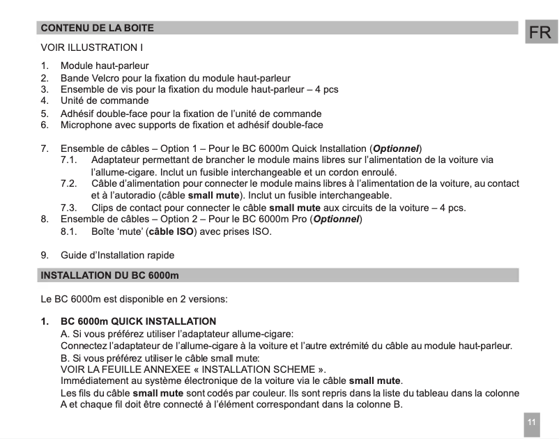 Page 1 de la notice Manuel utilisateur Mr. Handsfree BC 6000m