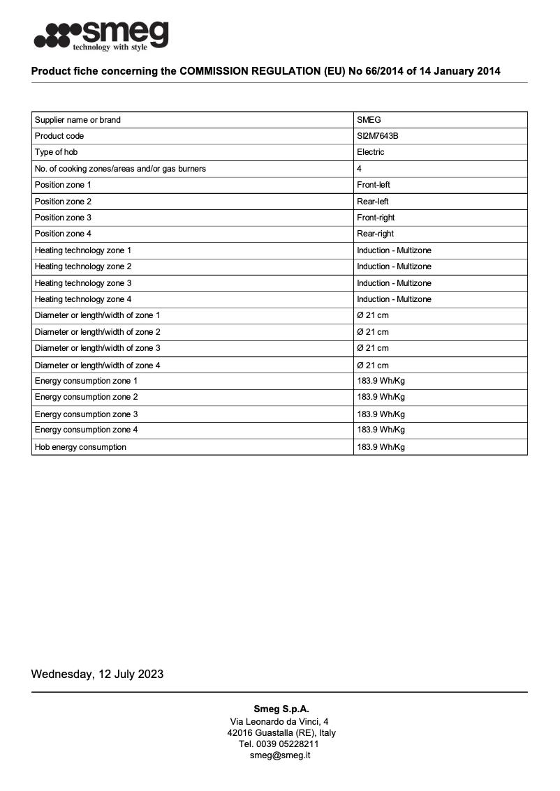 Page n°1 - Fiche technique Smeg SI2M7643B