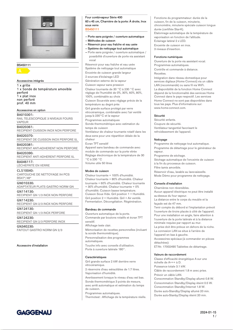 Page 1 de la notice Fiche technique Gaggenau BS450111