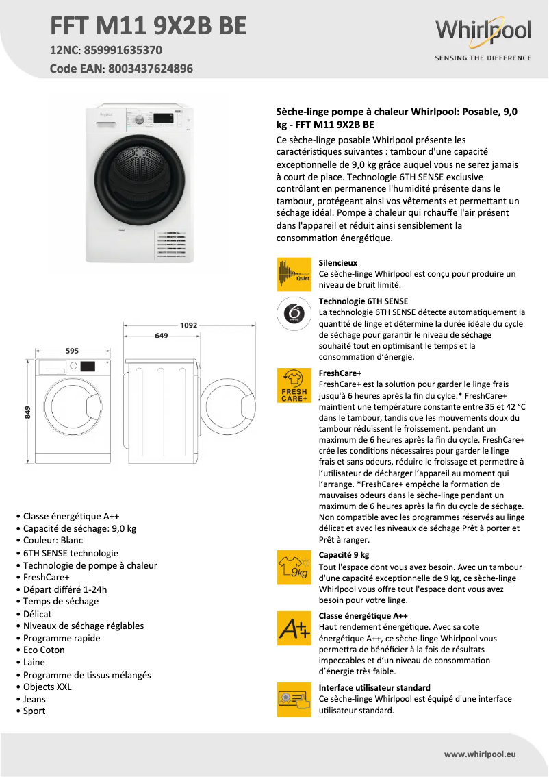 Página 1 del manual Ficha técnica Whirlpool FFT M11 9X2B BE