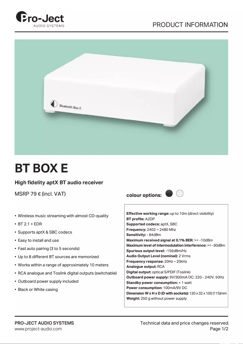 Page 1 de la notice Fiche technique Pro-Ject BT Box E