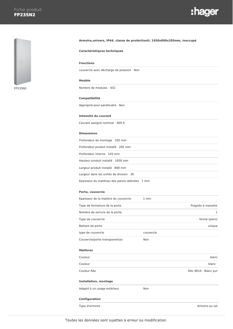 Page n°1 - Manuel utilisateur Hager FP23SN2