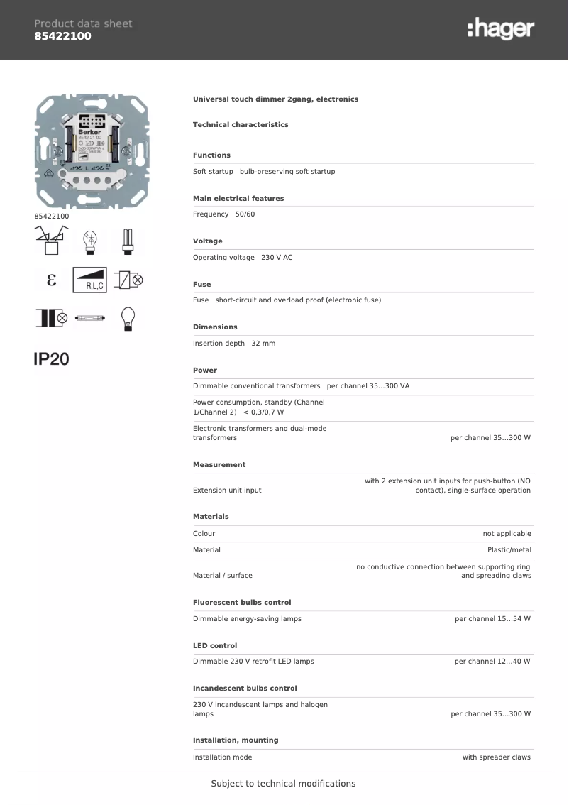 Page n°1 - Fiche technique Hager 85422100