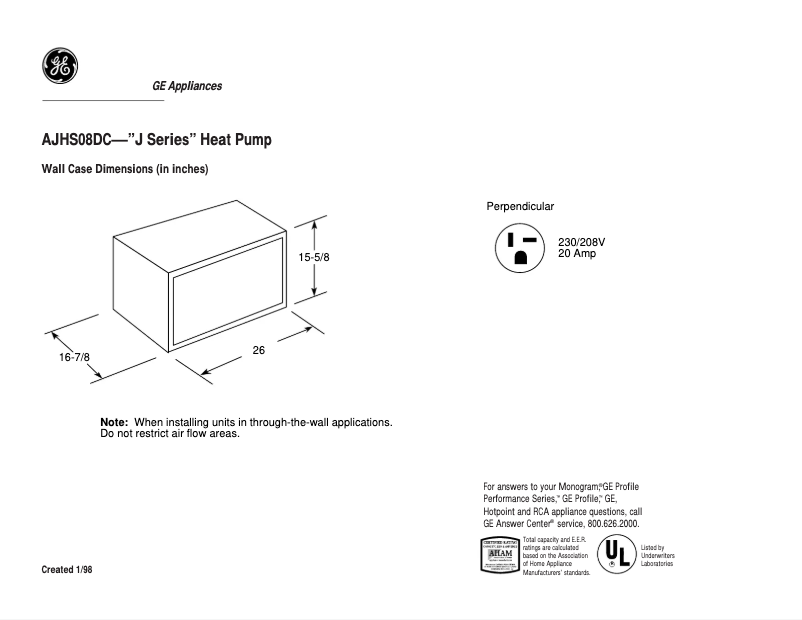 Page 1 de la notice Fiche technique GE AJHS08DC