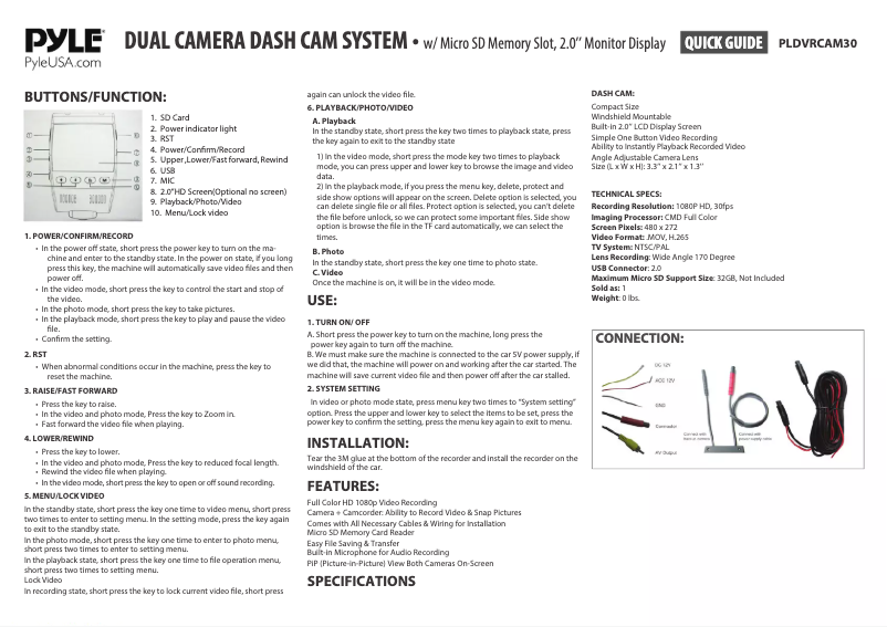 Page 1 de la notice Manuel utilisateur Pyle PLDVRCAM30