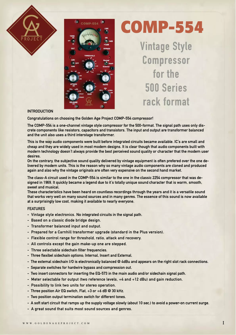 Page 1 de la notice Manuel utilisateur Golden Age Project COMP-554 MKII