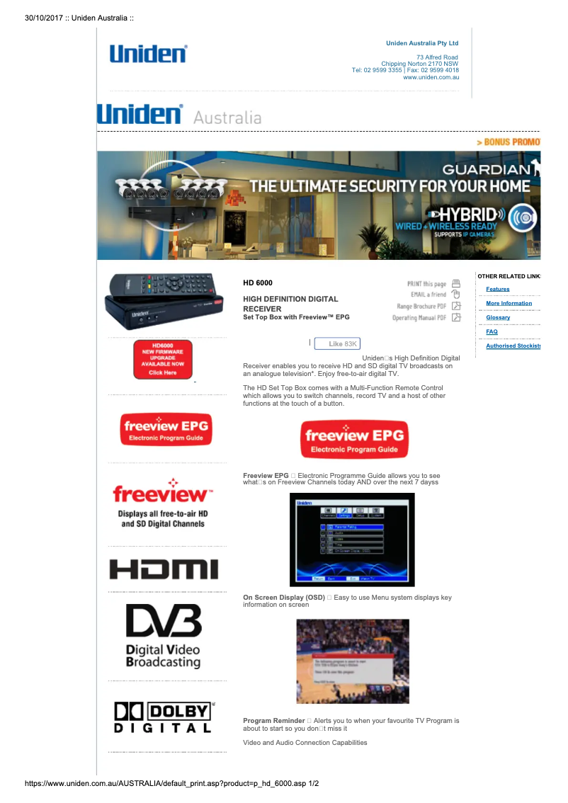 Page 1 de la notice Manuel utilisateur Uniden HD 6000